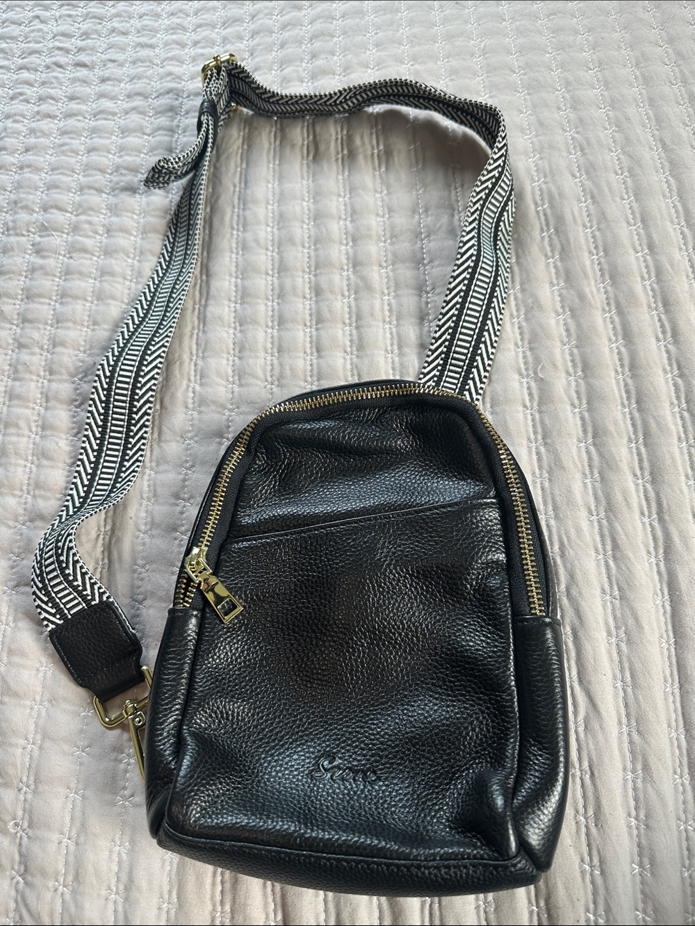 Black faux Leather Crossbody Bag with Patterned Strap